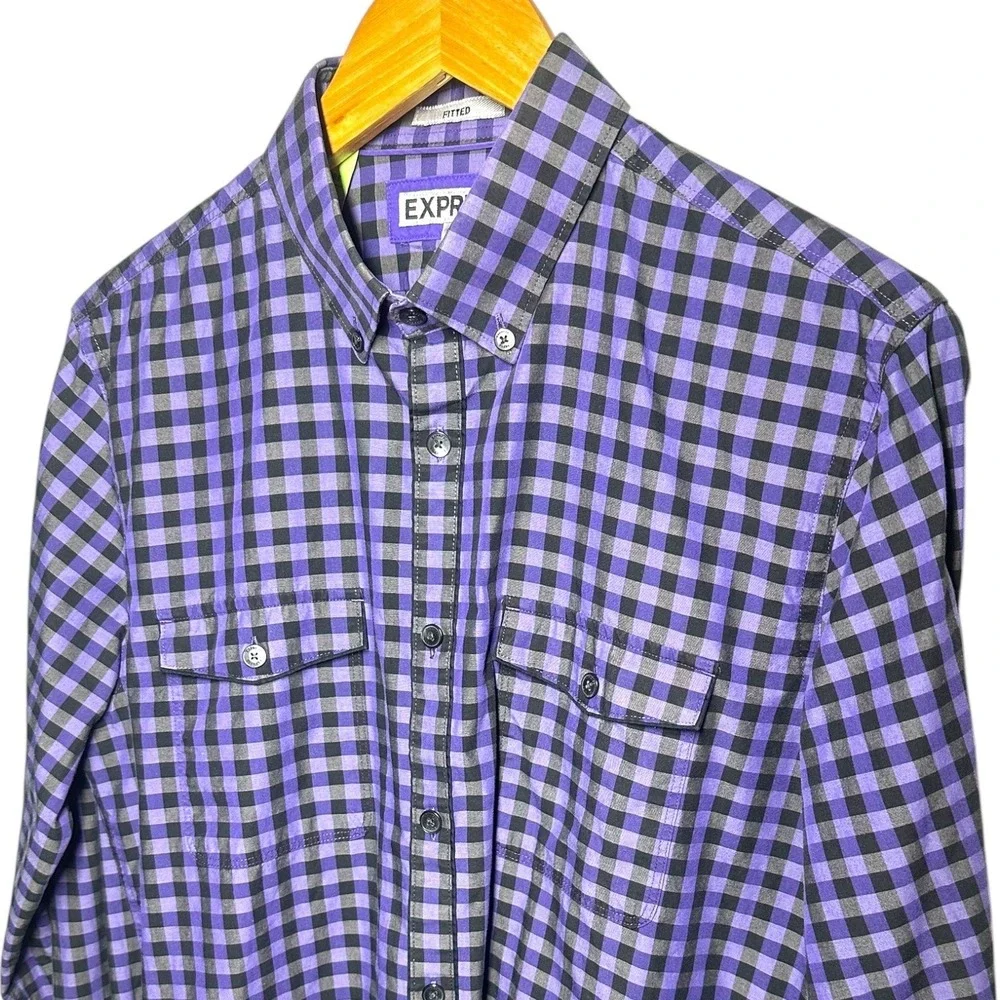 Express Mens Fitted Gingham Check Button Down Long‎ Sleeve Shirt Size M